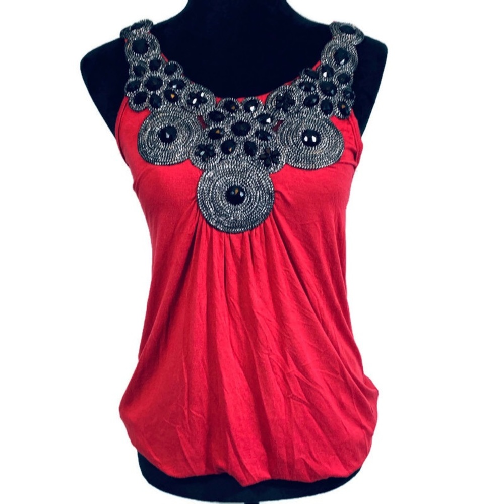 Soft Red Tank with Black/Silver Embellishments